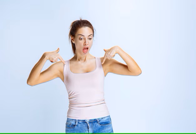 Young woman sport shirt pointing herself 144627 69301